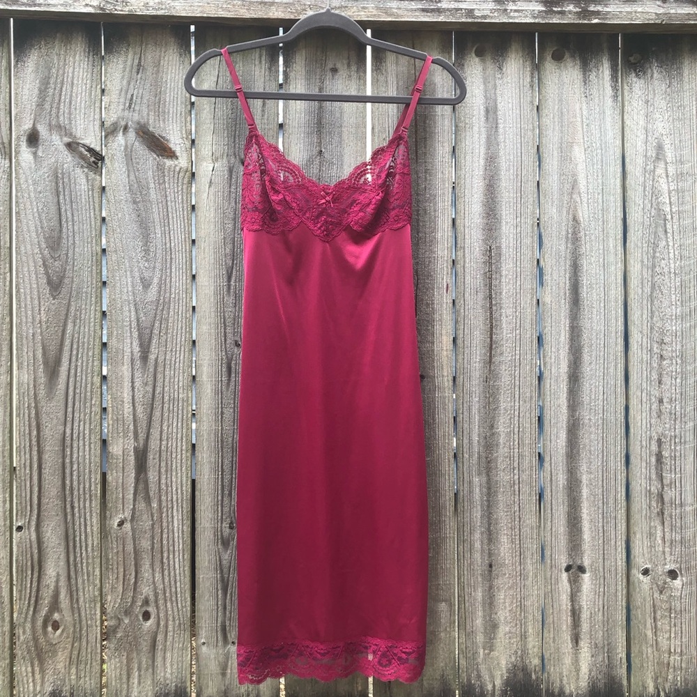 Vintage Vassarette Negligee Satin Slip Dress Lace Trim Cranberry Wine Red Size S